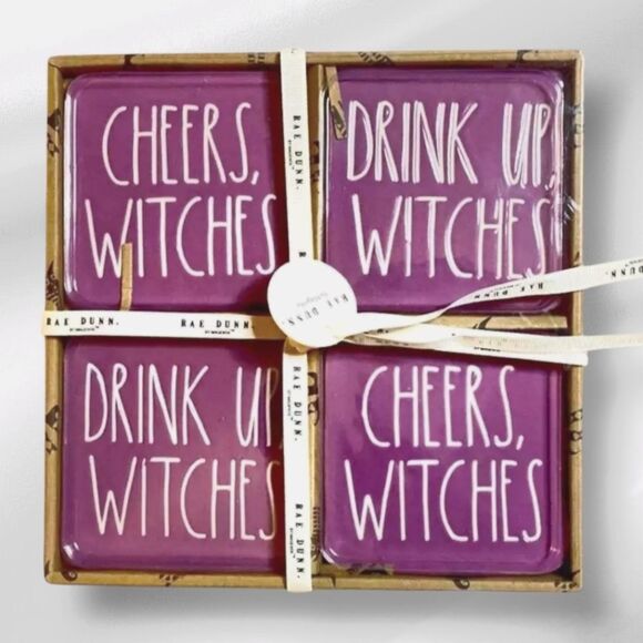 Rae Dunn "Cheers, Witches" "DRINK UP, WITCHES" Ceramic Purple Coasters Set of 4 - Picture 1 of 5